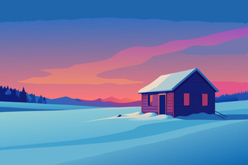 A small rustic cabin in a snowy field