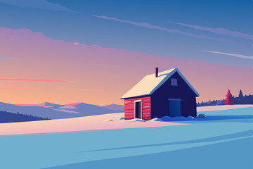 A small rustic cabin in a snowy field