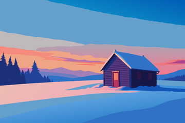 A small rustic cabin in a snowy field