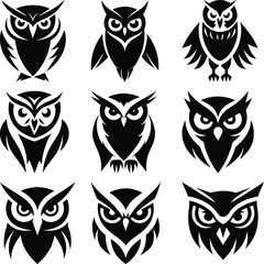 Nine distinct owl icons showcase elegant and stylized silhouette renderings within a black design