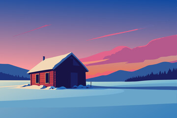 A small rustic cabin in a snowy field