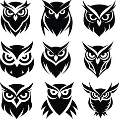 Nine stark black owl heads stare forward with intense, stylized gaze on a white background