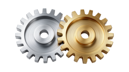 Interlocking silver and gold gears representing business partnership