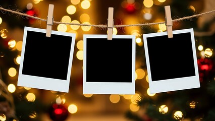 Three blank instant photo frames hanging on rope with wooden clips, festive golden bokeh lights and blurred Christmas decorations in background, isolated on transparent background