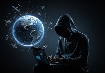 Mysterious Hacker in Hoodie Using Laptop with Earth and Satellites Photo