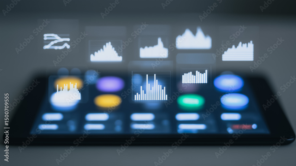 Poster data analytics on a tablet: a close-up shot captures a modern tablet displaying a futuristic interfa