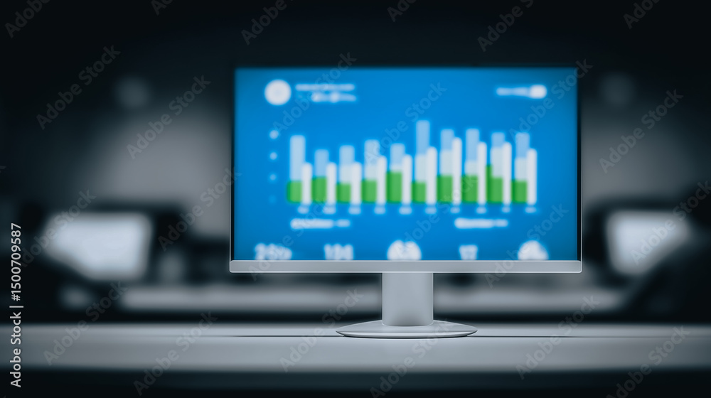 Poster modern workplace data visualization: a close-up shot captures a computer monitor displaying dynamic 