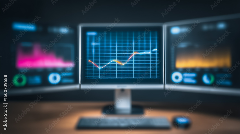 Poster stock market analysis on multiple computer screens: three computer screen shows stock data. it's a c