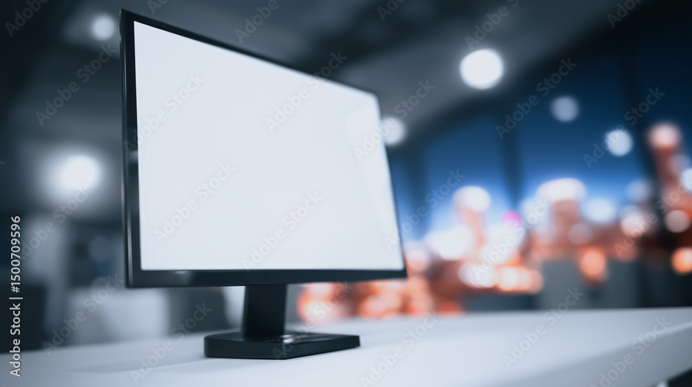 Sticker modern display monitor on desk: a sleek, modern display monitor with a blank screen sits atop a desk
