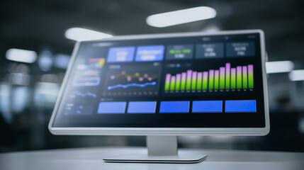 Fototapeta premium Data Visualization on Monitor: A modern monitor displays an array of detailed data visualizations, illustrating complex information with colorful charts and graphs.