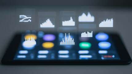 Data Analytics on a Tablet: A close-up shot captures a modern tablet displaying a futuristic interface with holographic data visualizations.