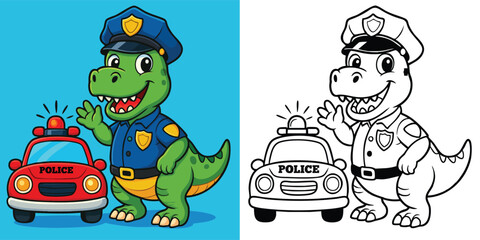 A Set Of Colorful Cartoon Dinosaur Police Officer Fun and Friendly Law Enforcement Coloring Page for Kids