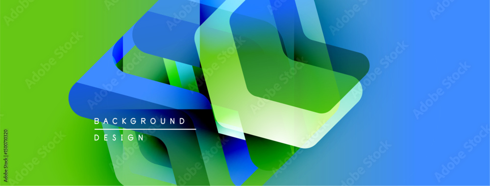 Poster abstract geometric shapes overlap, creating vibrant blue, green gradients. modern design elements su