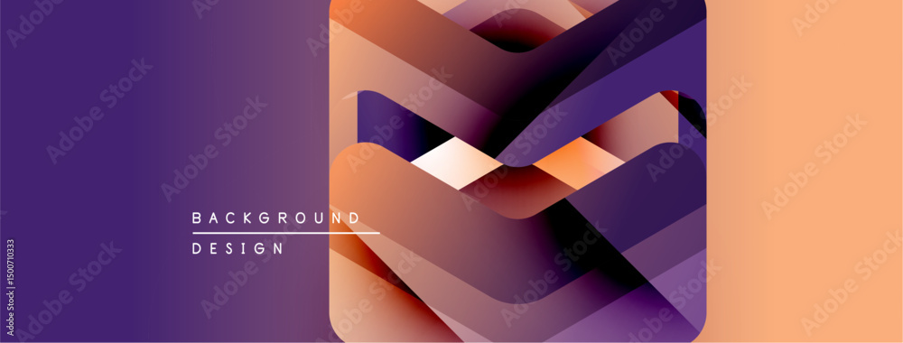 Poster abstract geometric design features layered shapes, purple, orange gradients. text reads background d