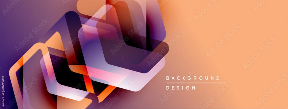 Poster abstract geometric shapes overlap, creating vibrant color gradients. orange blends into purple, form