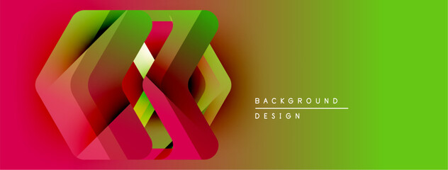 Abstract geometric shapes overlap, creating vibrant color gradient. Red transitions to green, modern design element.