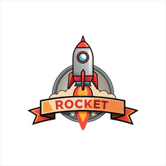 Rocket Launch Logo Design with Fire Flame and Banner