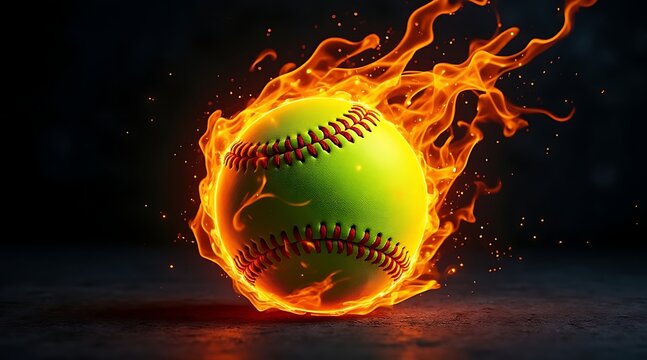 Glowing softball enveloped in flames illustrating power and intensity against a dark background