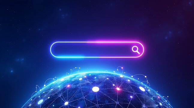 Glowing search bar over illuminated earth depicting global connectivity and digital information access