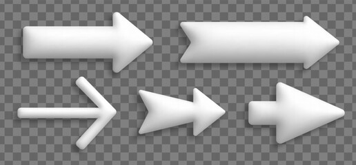 Trendy 3d white arrows set. Realistic pointing arrow icon collection isolated on transparent background