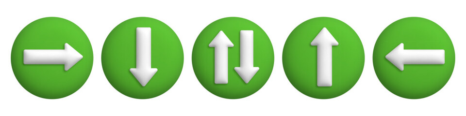 3d green web buttons with white arrow. Up, down, left and right direction pointing arrows