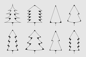Christmas tree icon set. Black thin line modern design fir or pine