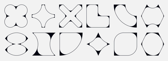 Abstract geometric shapes collection. Modern brutal graphic elements with thin line aesthetic