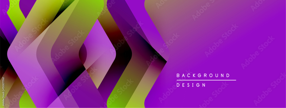 Poster Abstract geometric shapes overlap, creating vibrant purple, green gradients. Modern design elements suggest depth, texture, visual interest.