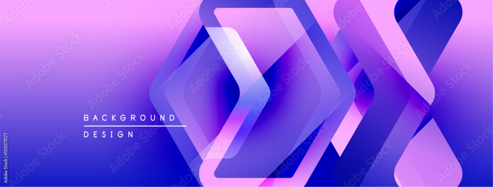 Poster abstract geometric design. gradient purple, blue hues create layered hexagon shapes. modern backgrou