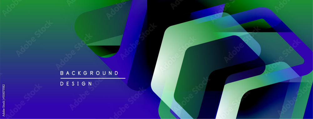 Poster abstract geometric shapes overlap, creating vibrant gradients. blue, green hues dominate design. mod
