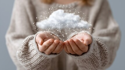 Woman Holding Digital Cloud Network in Hands, Concept of Cloud Computing and Data Technology