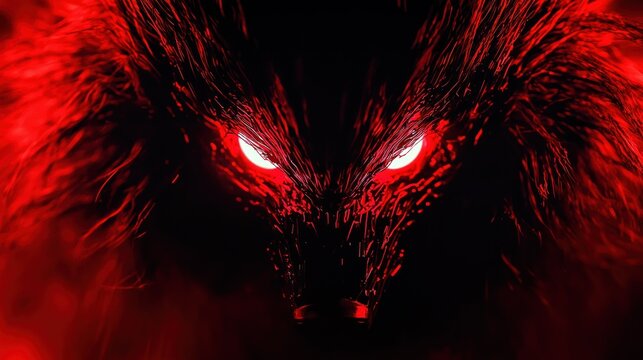 Intense Red Wolf Creature with Glowing Eyes Emerging from Darkness
