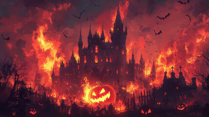 Halloween night scene background with castle with halloween pumpkin within flames in the graveyard and bats in the night