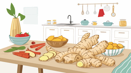 Fresh Ginger Root on Kitchen Table Vibrant Vector Illustration