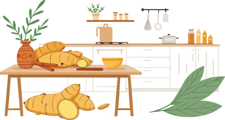 Fresh Ginger Root on Kitchen Tabletop Vibrant Vector Illustration