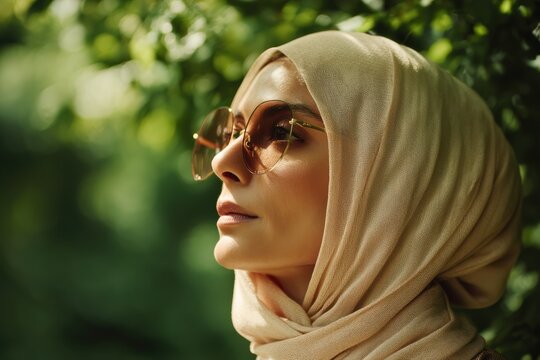 Middle Eastern woman in beige hijab navigating a park with smart glasses under lush greenery