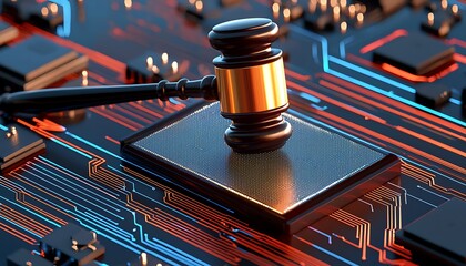 Judge's gavel on circuit board