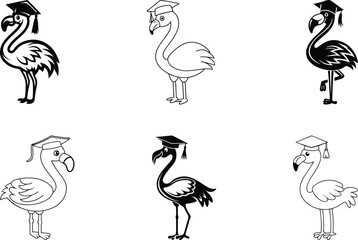Flamingo wearing a graduation cap  high quality vector illustration, flamingo wearing a graduation cap silhouette vector, flamingo wearing a graduation cap line art vector icon design set