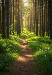 Obraz premium Photo A Serene Forest Path Illuminated By Golden Sunlight and Lush Greenery
