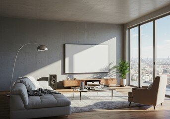Modern Living Room Interior With Furniture Daylight City View Photo