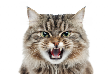 Aggressive longhaired cat with bared teeth closeup