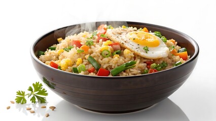 rice with vegetables and meat on a white background
