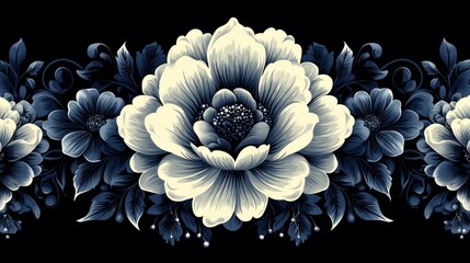 Detailed monochrome illustration of large flowers with intricate leaves creating a symmetrical floral border on a dark background