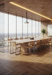 Modern Office Conference Room Interior View with Wooden Table and City Skyline