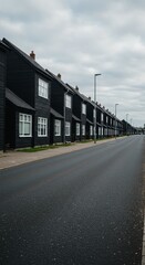 Photo Black Wooden Houses Row Along Street Under Overcast Cloudy Sky