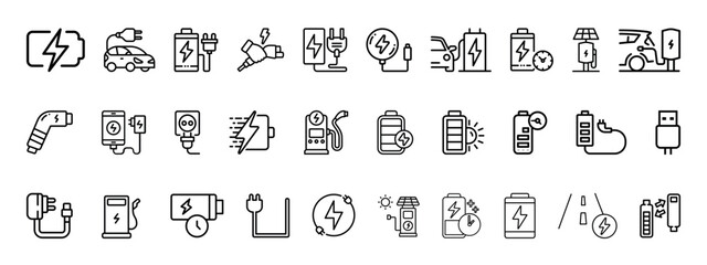 Charging related outline icon set. Battery related. Collection of  EV, USB, renewable power, station, plug, recycling, solar, and phone charging outline icons.