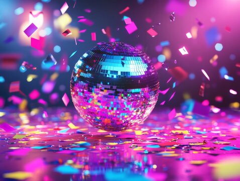 Let's celebrate!" disco ball reflecting lights, party confetti, vibrant neon colors, fun dance floor scene - Powered by Adobe