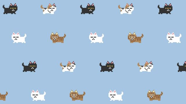 Dissatisfied Cat Pattern in Pixel Art Animation, Bluish Looping Background