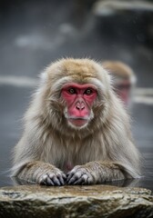 Naklejka premium Photo Close Up Of Snow Monkey In Hot Water Bath With Pink Face