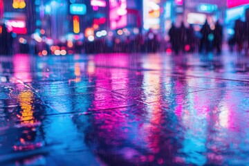 Cyberpunk city nightscape with neon reflections on rain-soaked pavement for VR game environments, tech conference visuals, and futuristic film poster designs. Vibrant pink and blue urban atmosphere.
